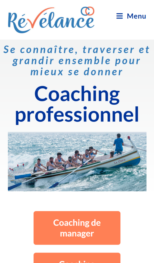 Version mobile du site Revelance Co, Services · Coaching & formation